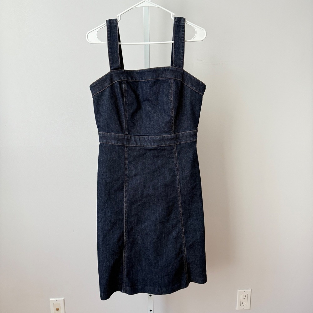 Ann Taylor Factory Dark‎ Wash Denim Pinafore Dress sz 6 Cotton Knee Length